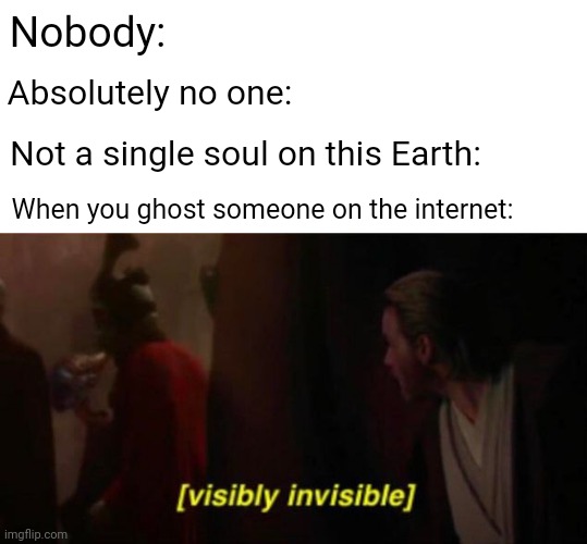 Ghosting | Nobody:; Absolutely no one:; Not a single soul on this Earth:; When you ghost someone on the internet: | image tagged in visibly invisible,ghost,ghosting,memes,meme,internet | made w/ Imgflip meme maker