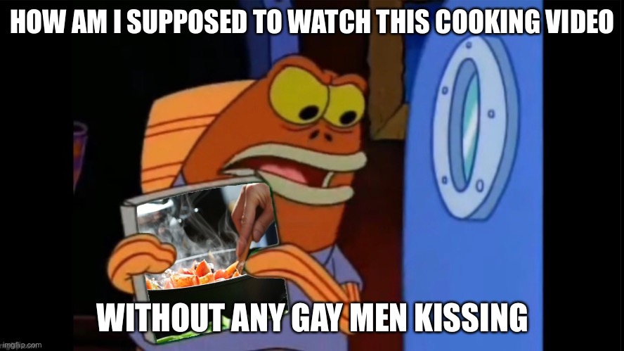 HOW AM I SUPPOSED TO WATCH THIS COOKING VIDEO; WITHOUT ANY GAY MEN KISSING | made w/ Imgflip meme maker