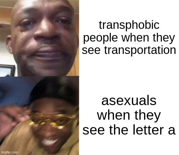 i am not homophobic i love my house | transphobic people when they see transportation; asexuals when they see the letter a | image tagged in black guy crying and black guy laughing | made w/ Imgflip meme maker