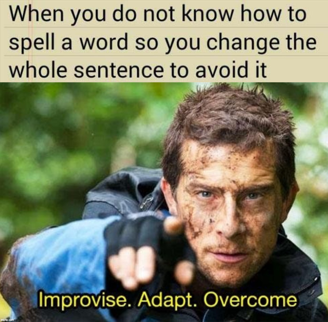 I do this in my memes when even autocorrect can't understand me | image tagged in bear grylls improvise adapt overcome | made w/ Imgflip meme maker