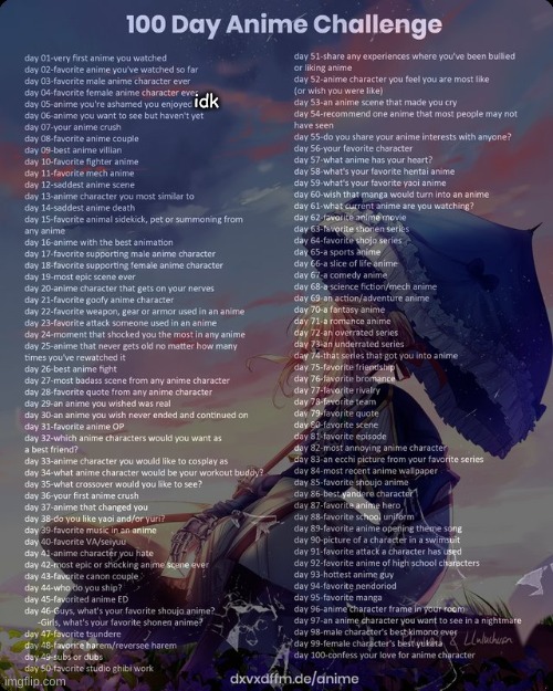 100 day anime challenge | idk | image tagged in 100 day anime challenge | made w/ Imgflip meme maker