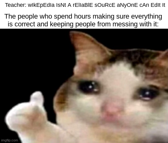 lmage Title | Teacher: wIkEpEdIa IsNt A rElIaBlE sOuRcE aNyOnE cAn EdIt It; The people who spend hours making sure everything is correct and keeping people from messing with it: | image tagged in sad cat thumbs up | made w/ Imgflip meme maker