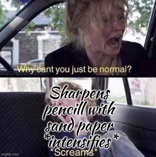 Why Can't You Just Be Normal | Sharpens pencill with sand paper
*intensifies* | image tagged in why can't you just be normal | made w/ Imgflip meme maker