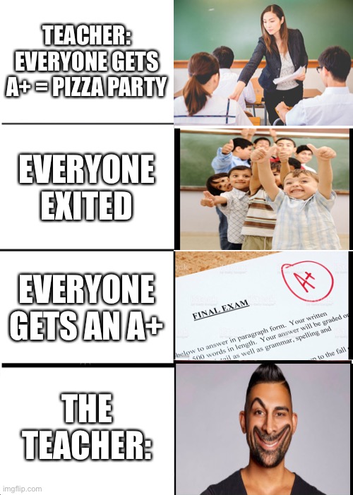 BTW: I made this meme in the back of the class | TEACHER: EVERYONE GETS A+ = PIZZA PARTY; EVERYONE EXITED; EVERYONE GETS AN A+; THE TEACHER: | image tagged in memes,expanding brain | made w/ Imgflip meme maker