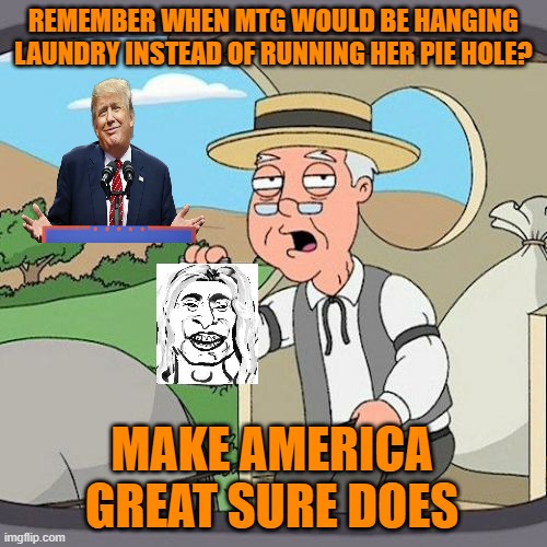 The MAGA paradox | REMEMBER WHEN MTG WOULD BE HANGING LAUNDRY INSTEAD OF RUNNING HER PIE HOLE? MAKE AMERICA GREAT SURE DOES | image tagged in memes,pepperidge farm remembers,mtg,donald trump,maga | made w/ Imgflip meme maker