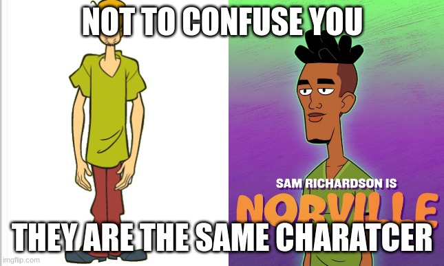 yes reallly | NOT TO CONFUSE YOU; THEY ARE THE SAME CHARATCER | image tagged in white background,why,shaggy,new shaggy design | made w/ Imgflip meme maker