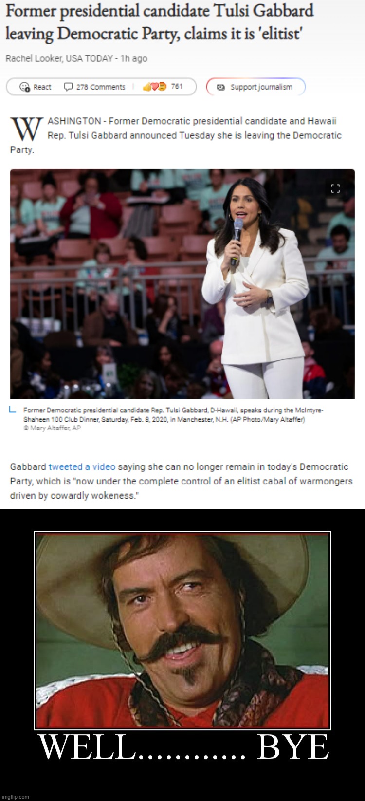 Closet Republican leaves Democratic Party. Oh well | image tagged in tulsi gabbard leaves democratic party,well bye | made w/ Imgflip meme maker