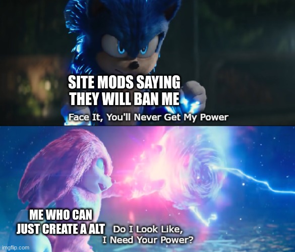 Do I Look Like I Need Your Power Meme | SITE MODS SAYING THEY WILL BAN ME; ME WHO CAN JUST CREATE A ALT | image tagged in do i look like i need your power meme | made w/ Imgflip meme maker