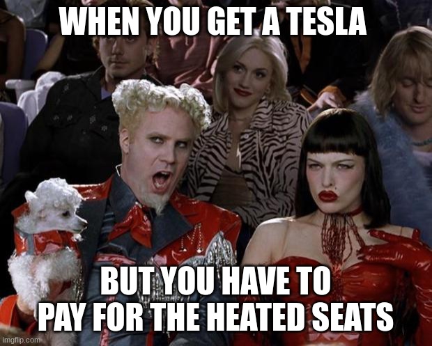 why???? | WHEN YOU GET A TESLA; BUT YOU HAVE TO PAY FOR THE HEATED SEATS | image tagged in memes,mugatu so hot right now | made w/ Imgflip meme maker