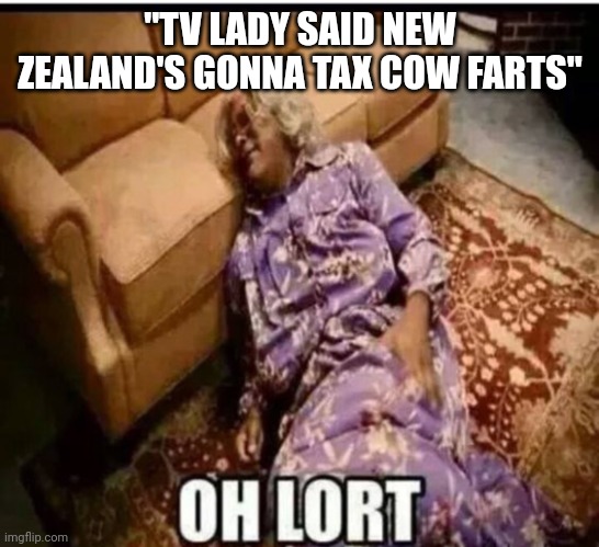 Fart problems? | "TV LADY SAID NEW ZEALAND'S GONNA TAX COW FARTS" | image tagged in madea snow,farts,liberal logic | made w/ Imgflip meme maker