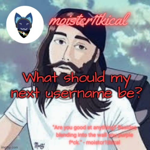 moistcr1tkical temp | What should my next username be? | image tagged in moistcr1tkical temp | made w/ Imgflip meme maker