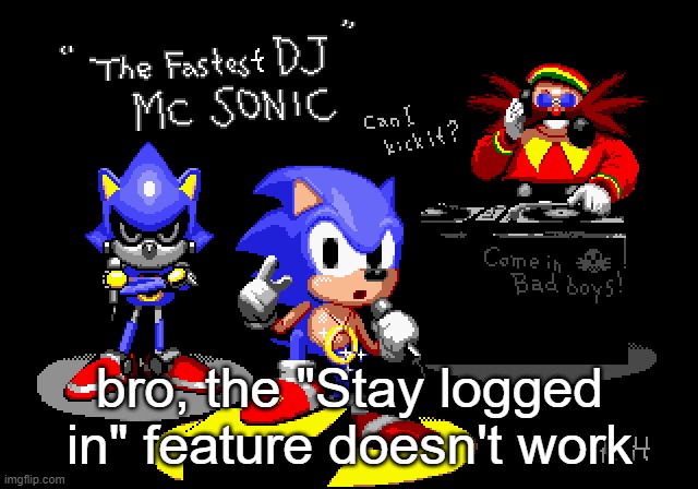 every time I close the window, it logs me out | bro, the "Stay logged in" feature doesn't work | image tagged in sonic cd rapper image | made w/ Imgflip meme maker