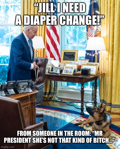 “JILL I NEED A DIAPER CHANGE!”; FROM SOMEONE IN THE ROOM: “MR PRESIDENT SHE’S NOT THAT KIND OF BITCH…” | made w/ Imgflip meme maker