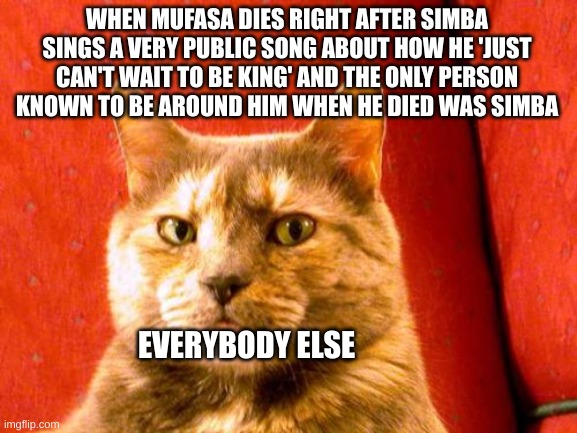 Simba is sus | WHEN MUFASA DIES RIGHT AFTER SIMBA SINGS A VERY PUBLIC SONG ABOUT HOW HE 'JUST CAN'T WAIT TO BE KING' AND THE ONLY PERSON KNOWN TO BE AROUND HIM WHEN HE DIED WAS SIMBA; EVERYBODY ELSE | image tagged in memes,suspicious cat,lion king | made w/ Imgflip meme maker