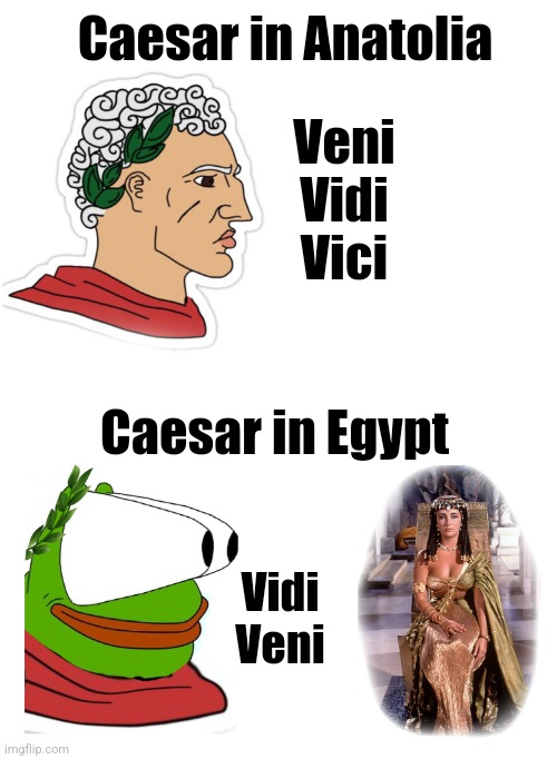 The historically accurate original | Caesar in Anatolia; Veni
Vidi
Vici; Caesar in Egypt; Vidi
Veni | image tagged in history,historical meme,julius caesar,egypt,rome,pepe the frog | made w/ Imgflip meme maker