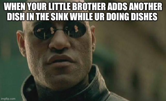 Matrix Morpheus | WHEN YOUR LITTLE BROTHER ADDS ANOTHER DISH IN THE SINK WHILE UR DOING DISHES | image tagged in memes,matrix morpheus | made w/ Imgflip meme maker