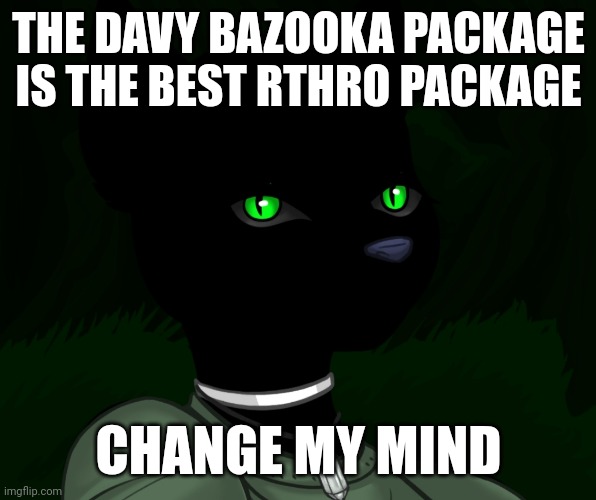 My new panther fursona | THE DAVY BAZOOKA PACKAGE IS THE BEST RTHRO PACKAGE; CHANGE MY MIND | image tagged in my new panther fursona | made w/ Imgflip meme maker