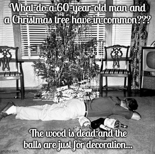 Groan... | What do a 60-year-old man and a Christmas tree have in common??? The wood is dead and the balls are just for decoration... | image tagged in christmas,wood,balls,decoration,old man,60 | made w/ Imgflip meme maker