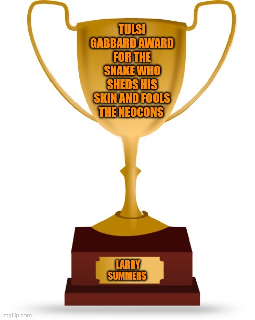 Blank Trophy | TULSI GABBARD AWARD FOR THE SNAKE WHO SHEDS HIS SKIN AND FOOLS THE NEOCONS LARRY SUMMERS | image tagged in blank trophy | made w/ Imgflip meme maker