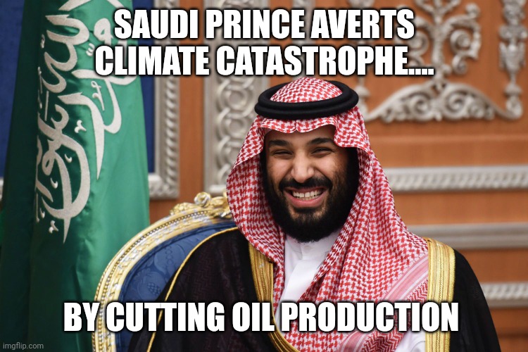 Go woke ....go by foot | SAUDI PRINCE AVERTS CLIMATE CATASTROPHE.... BY CUTTING OIL PRODUCTION | image tagged in mbs smiling | made w/ Imgflip meme maker