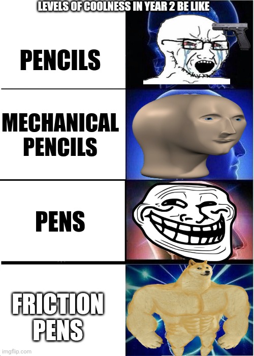 Year 2 coolness levels B) |  LEVELS OF COOLNESS IN YEAR 2 BE LIKE; PENCILS; MECHANICAL PENCILS; PENS; FRICTION PENS | image tagged in memes,expanding brain | made w/ Lifeismeme meme maker