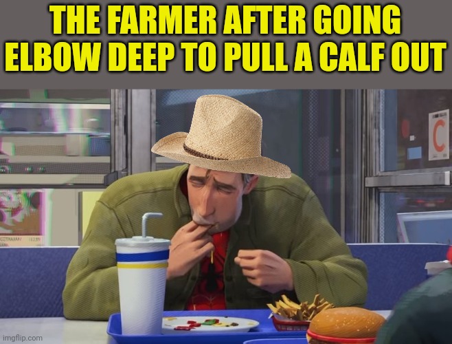 Spiderverse Finger Lick | THE FARMER AFTER GOING ELBOW DEEP TO PULL A CALF OUT | image tagged in spiderverse finger lick | made w/ Imgflip meme maker
