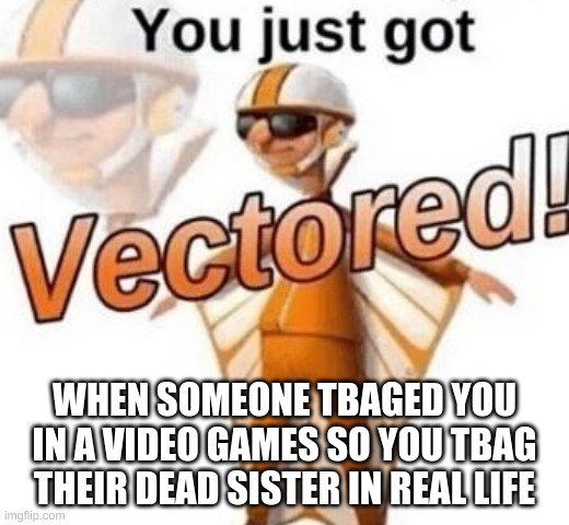 bro hate them toxic kids who tbag | WHEN SOMEONE TBAGED YOU IN A VIDEO GAMES SO YOU TBAG THEIR DEAD SISTER IN REAL LIFE | image tagged in you just got vectored | made w/ Imgflip meme maker