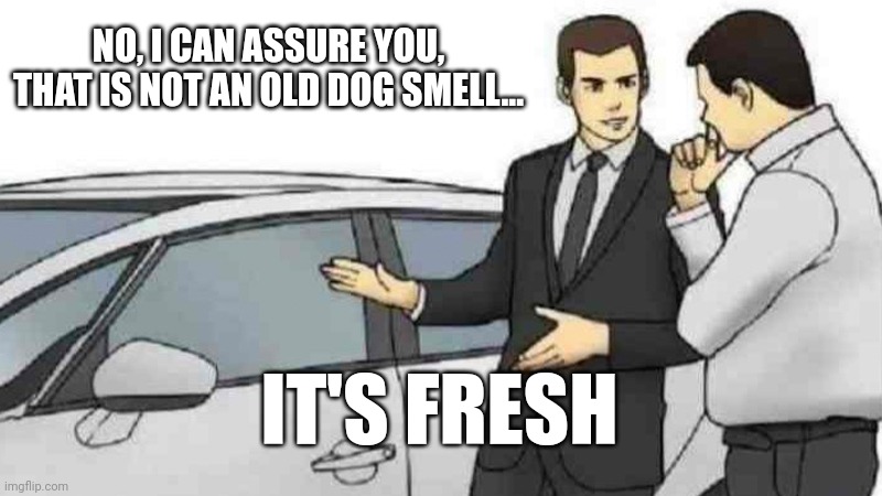 That used car salesman... | NO, I CAN ASSURE YOU, THAT IS NOT AN OLD DOG SMELL... IT'S FRESH | image tagged in memes,car salesman slaps roof of car | made w/ Imgflip meme maker