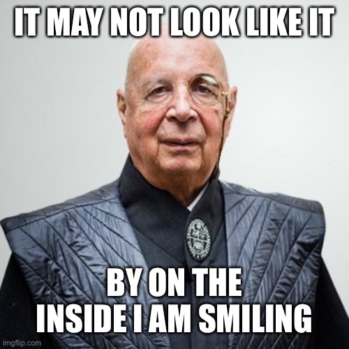 Klaus Schwab | IT MAY NOT LOOK LIKE IT BY ON THE INSIDE I AM SMILING | image tagged in klaus schwab | made w/ Imgflip meme maker