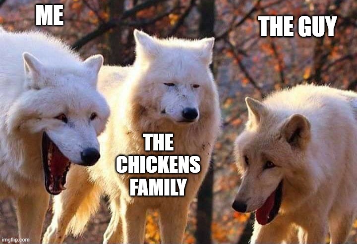 Laughing wolf | ME THE CHICKENS FAMILY THE GUY | image tagged in laughing wolf | made w/ Imgflip meme maker