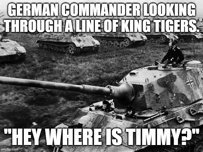 Where's Timmy |  GERMAN COMMANDER LOOKING THROUGH A LINE OF KING TIGERS. "HEY WHERE IS TIMMY?" | image tagged in world war 2 | made w/ Imgflip meme maker