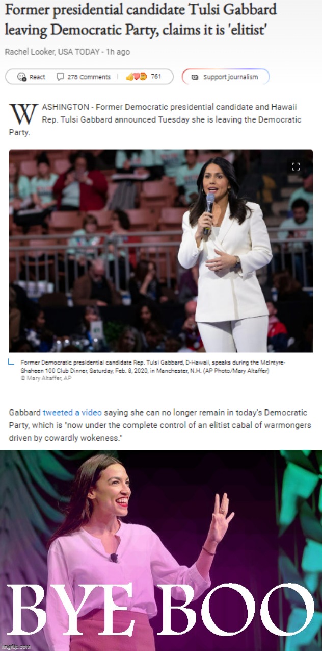 Troll of the Day: Tulsi Gabbard | image tagged in tulsi gabbard leaves democratic party,aoc bye boo | made w/ Imgflip meme maker