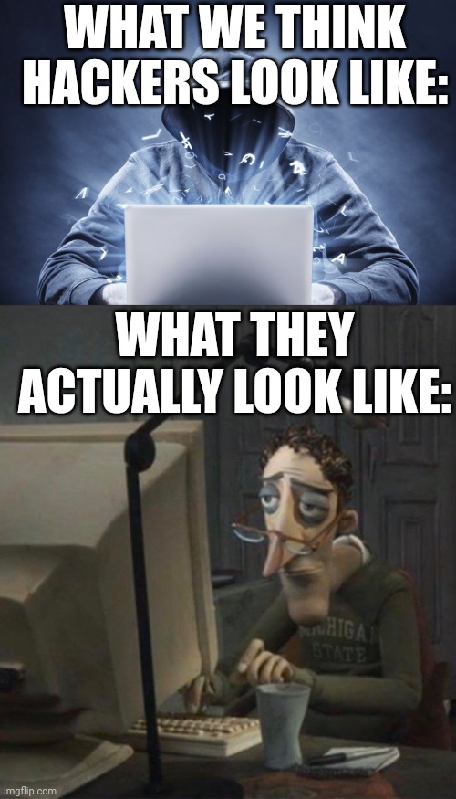 The matrix lied to us |  WHAT WE THINK HACKERS LOOK LIKE:; WHAT THEY ACTUALLY LOOK LIKE: | image tagged in hacker,tired dad at computer | made w/ Imgflip meme maker