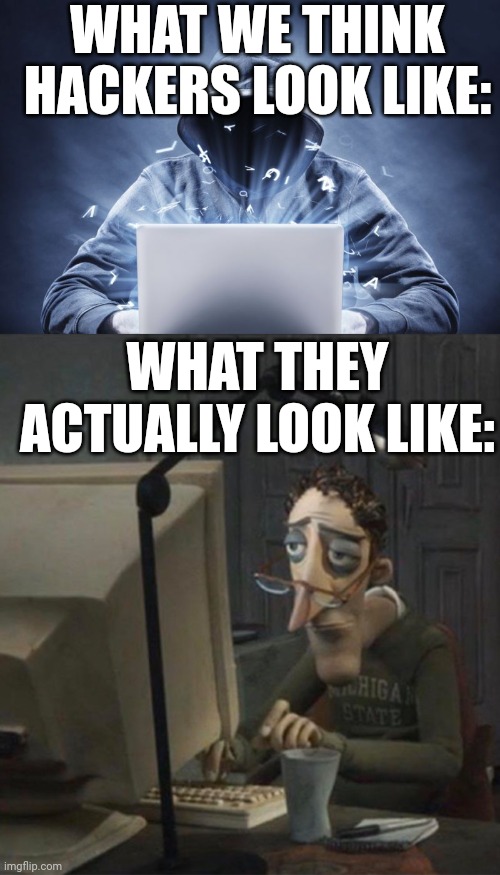 The matrix lied to us | WHAT WE THINK HACKERS LOOK LIKE:; WHAT THEY ACTUALLY LOOK LIKE: | image tagged in hacker,tired dad at computer | made w/ Imgflip meme maker