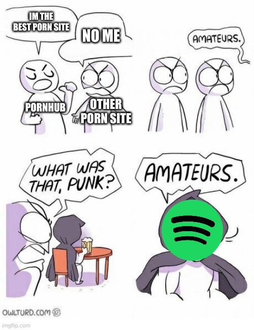 Amateurs | IM THE BEST PORN SITE; NO ME; PORNHUB; OTHER PORN SITE | image tagged in amateurs | made w/ Imgflip meme maker