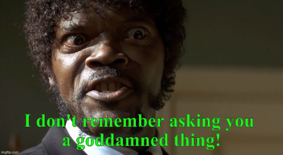  Samuel L Jackson say one more time  | I don't remember asking you 
a goddamned thing! | image tagged in samuel l jackson say one more time | made w/ Imgflip meme maker