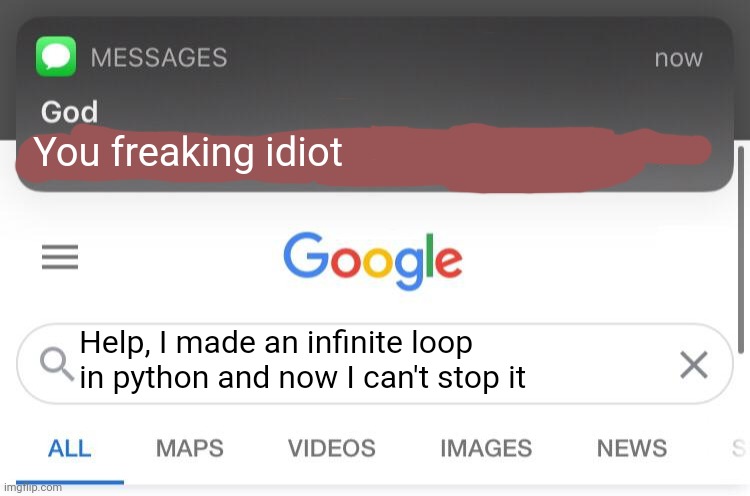 So you know how some sins are unforgivable? | You freaking idiot; Help, I made an infinite loop in python and now I can't stop it | image tagged in so you know how some sins are unforgivable | made w/ Imgflip meme maker