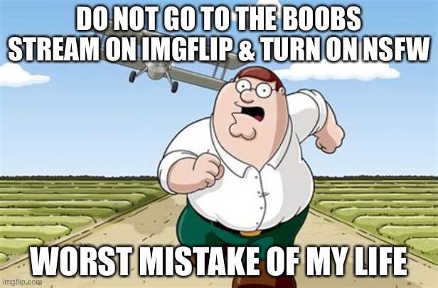 TERRIBLE IDEA! | DO NOT GO TO THE BOOBS STREAM ON IMGFLIP & TURN ON NSFW; WORST MISTAKE OF MY LIFE | image tagged in worst mistake of my life,memes,imgflip,peter griffin running away,imgflip meme,stop reading the tags | made w/ Imgflip meme maker
