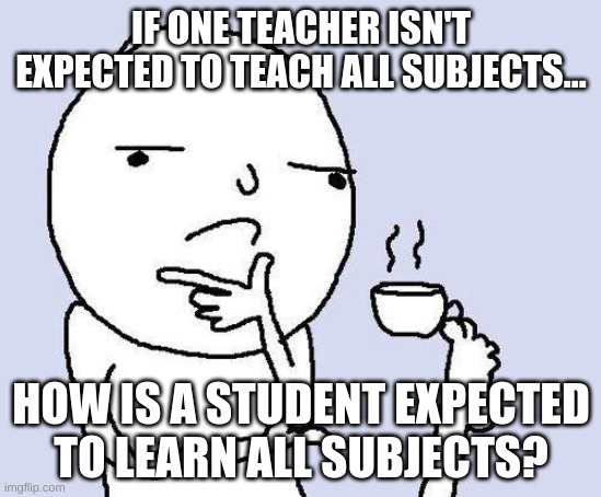 thinking meme | IF ONE TEACHER ISN'T EXPECTED TO TEACH ALL SUBJECTS... HOW IS A STUDENT EXPECTED TO LEARN ALL SUBJECTS? | image tagged in thinking meme | made w/ Imgflip meme maker