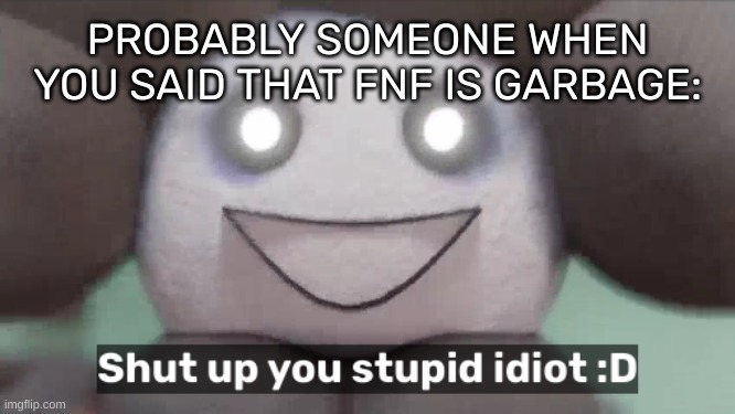 Shut up you stupid idiot :D | PROBABLY SOMEONE WHEN YOU SAID THAT FNF IS GARBAGE: | image tagged in shut up you stupid idiot d | made w/ Imgflip meme maker