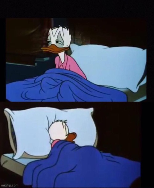 Me having a nightmare that XP-Tan died in her sleep | image tagged in donald duck sleepless | made w/ Imgflip meme maker