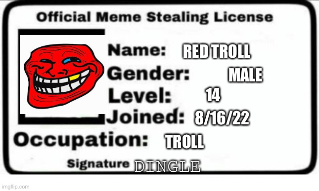 Official Meme Stealing License | RED TROLL; MALE; 14; 8/16/22; TROLL; DINGLE | image tagged in official meme stealing license | made w/ Imgflip meme maker