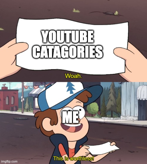 This is Worthless | YOUTUBE CATAGORIES; ME | image tagged in this is worthless,memes,youtube,funny,why are you reading this,stop reading the tags | made w/ Imgflip meme maker