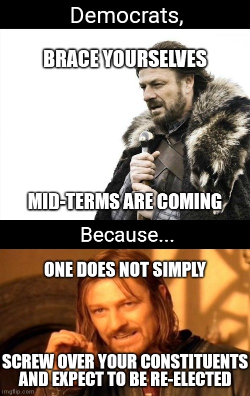 Sean Bean helping to send the message | Democrats, BRACE YOURSELVES; MID-TERMS ARE COMING; Because... ONE DOES NOT SIMPLY; SCREW OVER YOUR CONSTITUENTS; AND EXPECT TO BE RE-ELECTED | image tagged in memes,brace yourselves x is coming,one does not simply,democrats,liberals | made w/ Imgflip meme maker