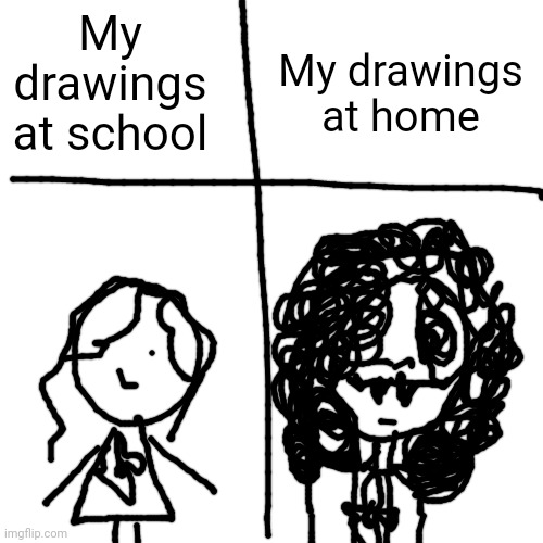 Daily Relatable memes #1 | My drawings at school; My drawings at home | image tagged in memes,blank transparent square | made w/ Imgflip meme maker