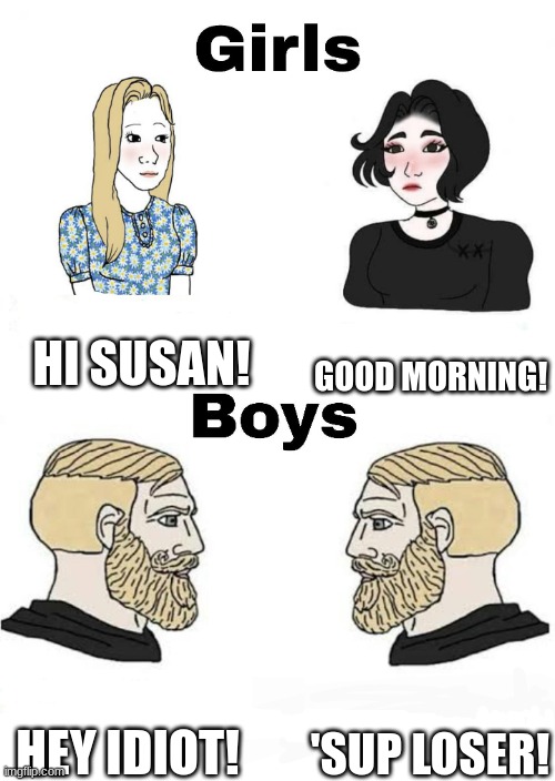 Girls vs Boys | HI SUSAN! GOOD MORNING! 'SUP LOSER! HEY IDIOT! | image tagged in girls vs boys | made w/ Imgflip meme maker
