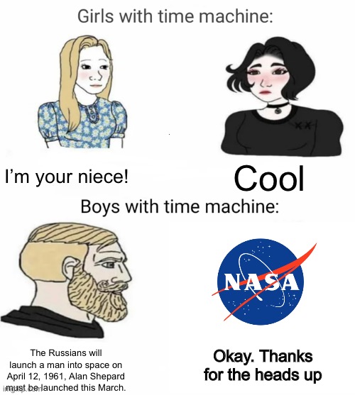 Time machine | I’m your niece! Cool; The Russians will launch a man into space on April 12, 1961, Alan Shepard must be launched this March. Okay. Thanks for the heads up | image tagged in time machine | made w/ Imgflip meme maker