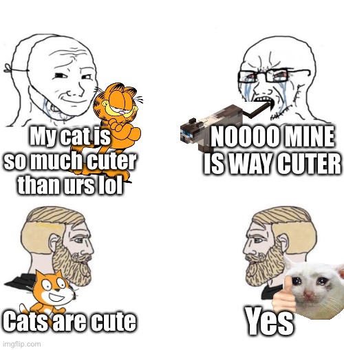Kitties uwu | NOOOO MINE IS WAY CUTER; My cat is so much cuter than urs lol; Yes; Cats are cute | image tagged in chad we know | made w/ Imgflip meme maker