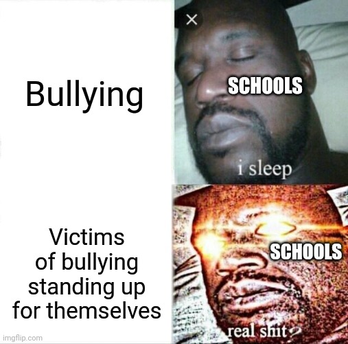 Sleeping Shaq | Bullying; SCHOOLS; SCHOOLS; Victims of bullying standing up for themselves | image tagged in memes,sleeping shaq,school,bullying | made w/ Imgflip meme maker