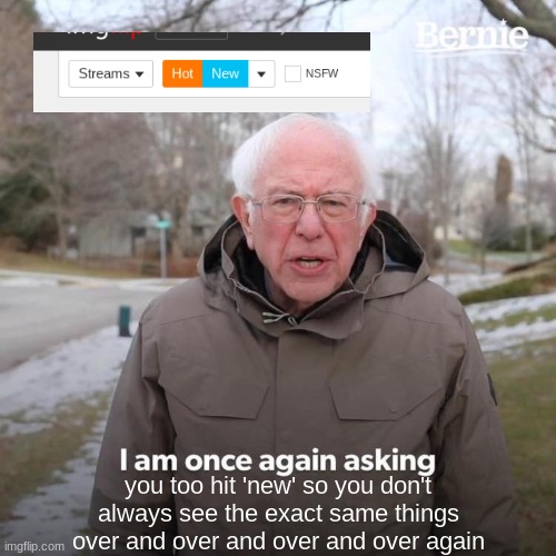 Bernie I Am Once Again Asking For Your Support | you too hit 'new' so you don't always see the exact same things over and over and over and over again | image tagged in memes,bernie i am once again asking for your support | made w/ Imgflip meme maker